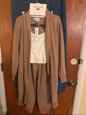 Olive & Oak Tan Track Pants & Joggers Set with Duster Cardigan